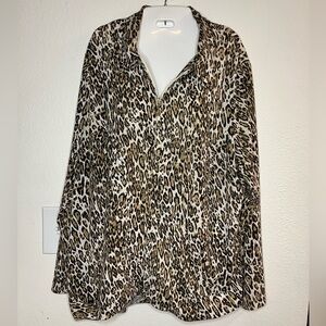 TanJay Leopard Print Sequin Zip-Up Blouse Top 2X